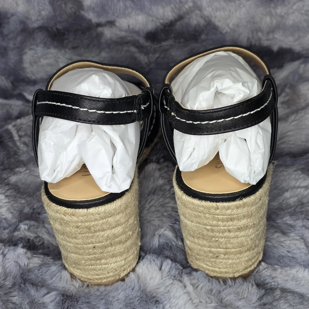 NWB Polly‎ Mid Womens Faux Leather Slingback Wedge Sandals In Black Size 9.5
